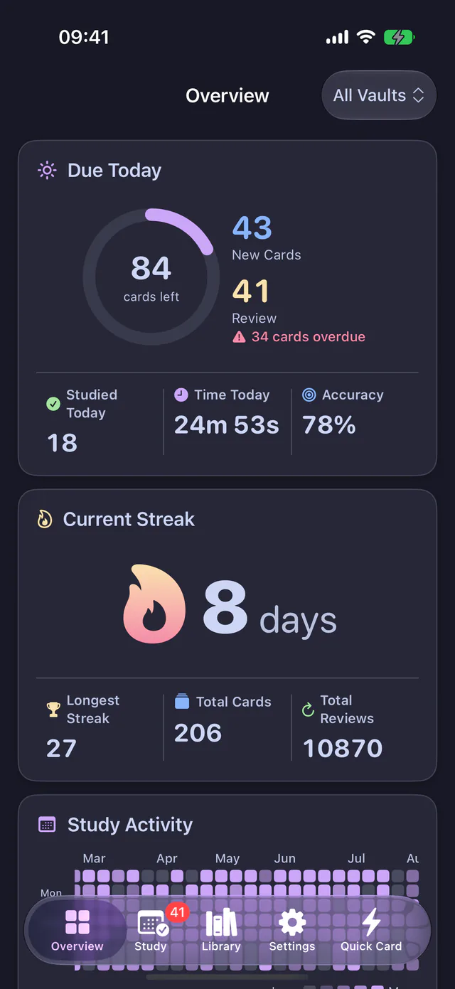 Munr dashboard with due-today ring, study streak, and activity heatmap