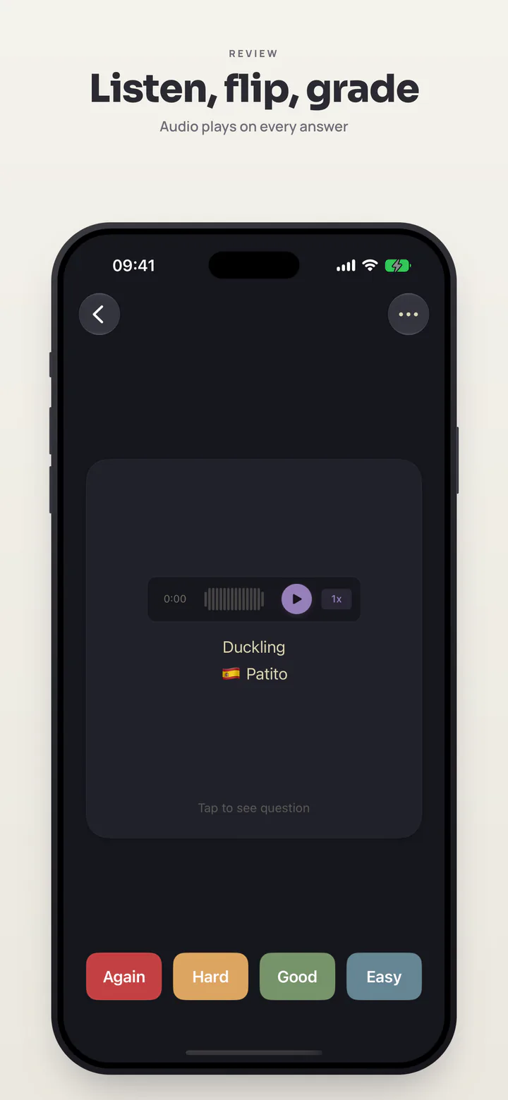 Listen, flip, grade — audio plays on every answer
