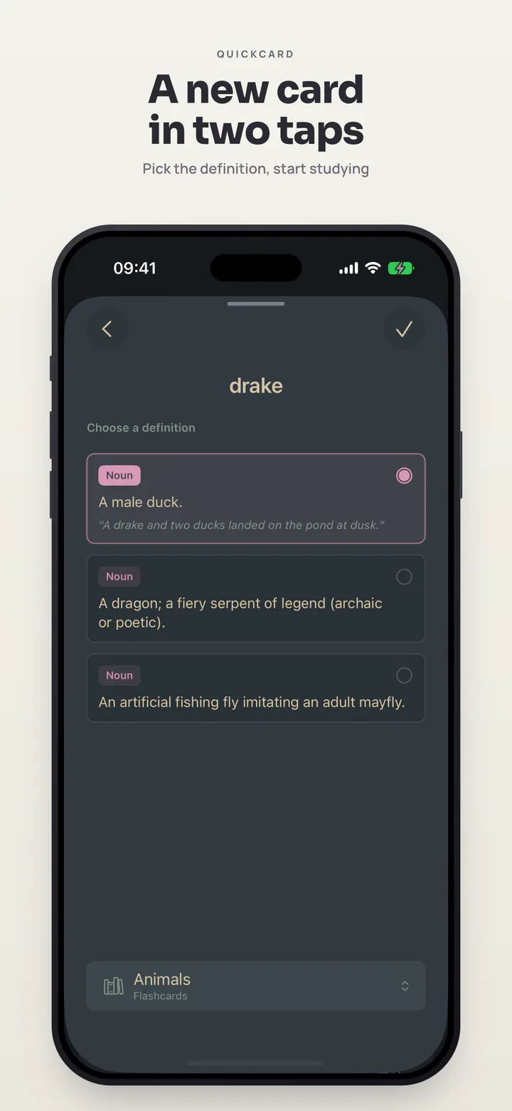 A new card in two taps — pick the definition, start studying