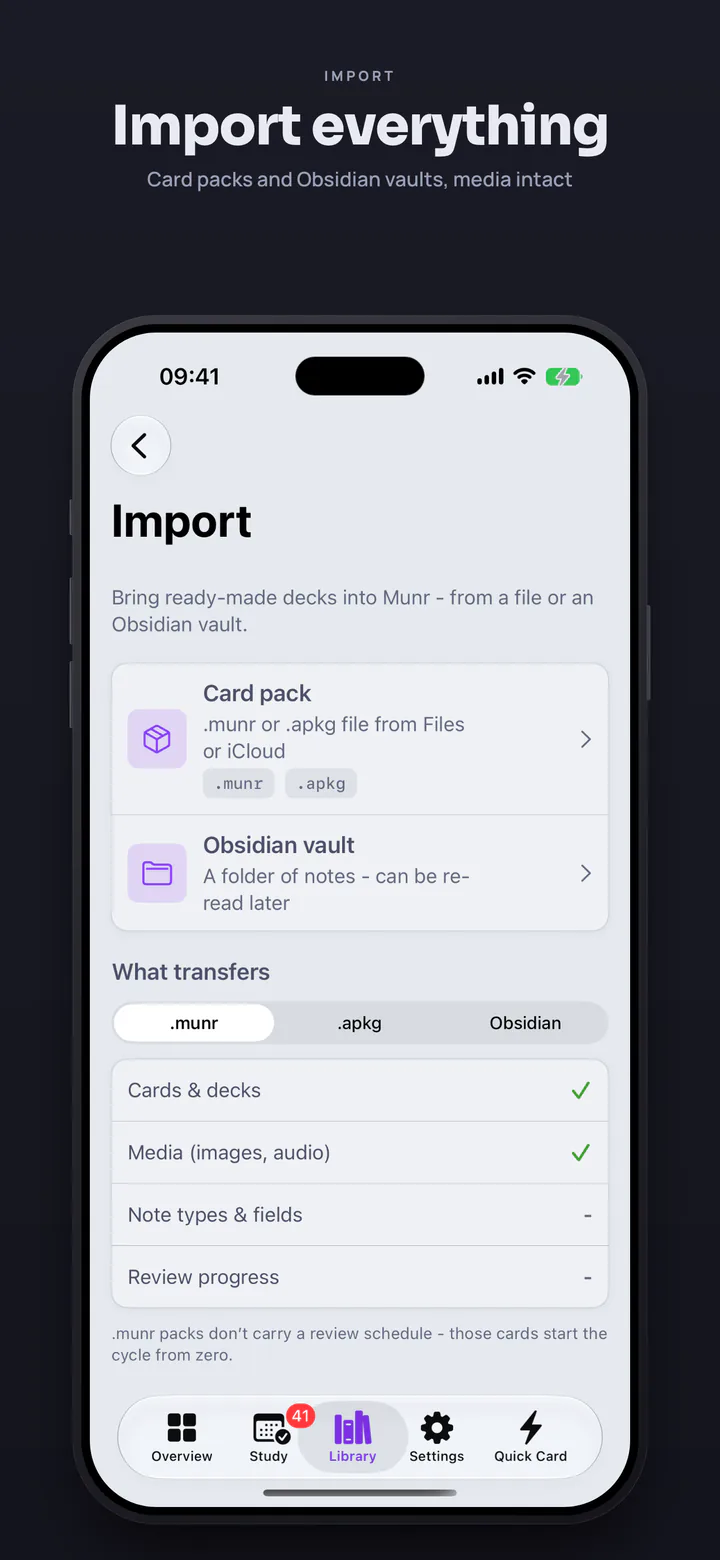 Import everything — card packs and Obsidian vaults, media intact
